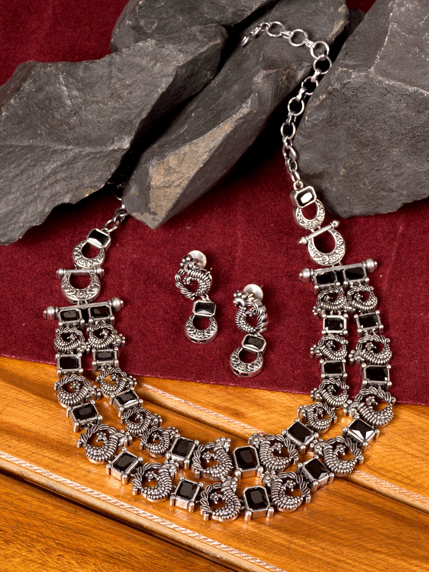 Silver Oxidised Black Stone Studded Double Layered Necklace Jewellery Set